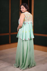 Sea Green Flared Chinon Palazzo and Raw Silk Bustier Co-Ord with Tasseled Zardosi and Mirror Embroidered Jacket
