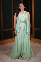 Sea Green Flared Chinon Palazzo and Raw Silk Bustier Co-Ord with Tasseled Zardosi and Mirror Embroidered Jacket