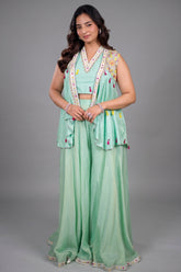 Sea Green Flared Chinon Palazzo and Raw Silk Bustier Co-Ord with Tasseled Zardosi and Mirror Embroidered Jacket