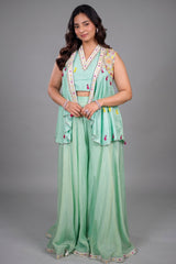 Sea Green Flared Chinon Palazzo and Raw Silk Bustier Co-Ord with Tasseled Zardosi and Mirror Embroidered Jacket