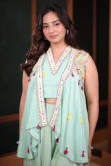 Sea Green Flared Chinon Palazzo and Raw Silk Bustier Co-Ord with Tasseled Zardosi and Mirror Embroidered Jacket