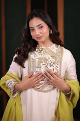 Ivory Silk Asymmetric High-Low Salwar Suit with Heavily Embroidered Yoke and Lime Green Organza Dupatta