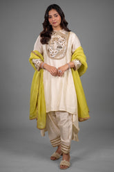 Ivory Silk Asymmetric High-Low Salwar Suit with Heavily Embroidered Yoke and Lime Green Organza Dupatta
