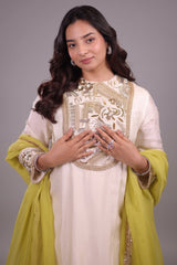 Ivory Silk Asymmetric High-Low Salwar Suit with Heavily Embroidered Yoke and Lime Green Organza Dupatta