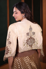 Bronze Metallic Tissue Brocade Crop Top and Palazzo Co-Ord with Cutdana Floral Patch Split-Sleeve Jacket