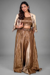 Bronze Metallic Tissue Brocade Crop Top and Palazzo Co-Ord with Cutdana Floral Patch Split-Sleeve Jacket