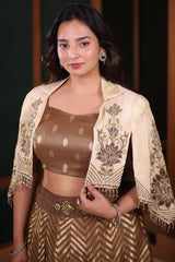 Bronze Metallic Tissue Brocade Crop Top and Palazzo Co-Ord with Cutdana Floral Patch Split-Sleeve Jacket