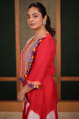 Crimson Red Crepe Silk Asymmetric Tunic Set with Encrusted Bead Yoke and Multicolor Tassels