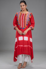 Crimson Red Crepe Silk Asymmetric Tunic Set with Encrusted Bead Yoke and Multicolor Tassels