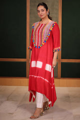 Crimson Red Crepe Silk Asymmetric Tunic Set with Encrusted Bead Yoke and Multicolor Tassels