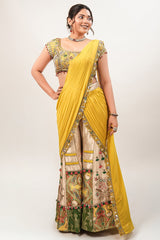 Canary Yellow Hand-Embellished Crop Top with Patchwork Brocade Palazzo and Pre-Stitched Drape