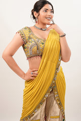 Canary Yellow Hand-Embellished Crop Top with Patchwork Brocade Palazzo and Pre-Stitched Drape