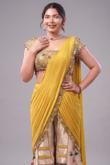Canary Yellow Hand-Embellished Crop Top with Patchwork Brocade Palazzo and Pre-Stitched Drape