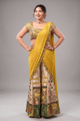Canary Yellow Hand-Embellished Crop Top with Patchwork Brocade Palazzo and Pre-Stitched Drape