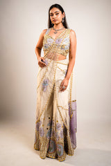 Ivory Raw Silk Hand-Embellished Fusion Set with Tonal Cutdana Borders and Applique Patchwork