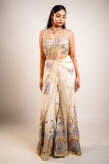 Ivory Raw Silk Hand-Embellished Fusion Set with Tonal Cutdana Borders and Applique Patchwork