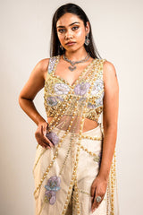 Ivory Raw Silk Hand-Embellished Fusion Set with Tonal Cutdana Borders and Applique Patchwork