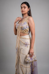 Ivory Raw Silk Hand-Embellished Fusion Set with Tonal Cutdana Borders and Applique Patchwork