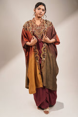 Imperial Maroon Silk Co-ord Set with Multi-Tonal Hand-Embroidered Cape Jacket