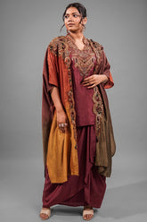 Imperial Maroon Silk Co-ord Set with Multi-Tonal Hand-Embroidered Cape Jacket
