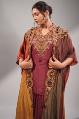 Imperial Maroon Silk Co-ord Set with Multi-Tonal Hand-Embroidered Cape Jacket