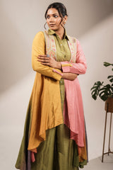 Sage Green Silk Co-ord Set with Multi-Tonal Geometric Embroidered Long Line Cape