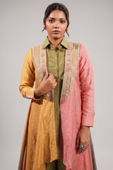 Sage Green Silk Co-ord Set with Multi-Tonal Geometric Embroidered Long Line Cape