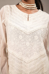 Classic White Handcrafted Chikankari Cotton Co-ord Set with Sheer Bell Sleeves and Tassel Accents