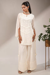 Classic White Handcrafted Chikankari Cotton Co-ord Set with Sheer Bell Sleeves and Tassel Accents