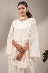 Classic White Handcrafted Chikankari Cotton Co-ord Set with Sheer Bell Sleeves and Tassel Accents