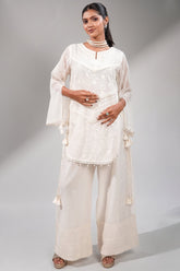 Classic White Handcrafted Chikankari Cotton Co-ord Set with Sheer Bell Sleeves and Tassel Accents