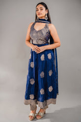 Midnight Blue Chinon Silk Flared Fusion Dress with Traditional Metallic Weaving Layout