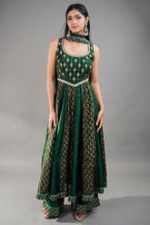 Forest Green Raw Silk Flared Anarkali Set with Floral Booti Print and Embroidery Work