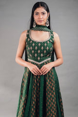Forest Green Raw Silk Flared Anarkali Set with Floral Booti Print and Embroidery Work