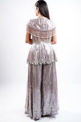 Orchid Mauve High-Density Sequin Sharara Set with Structured Bodice and Attached Fringed Drape