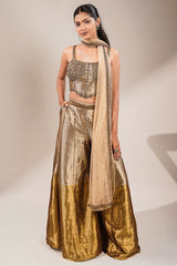 Champagne Gold Tissue Co-ord Set with Heavily Hand-Beaded Bustier and Fluid Sheer Dupatta