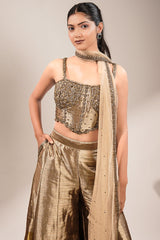 Champagne Gold Tissue Co-ord Set with Heavily Hand-Beaded Bustier and Fluid Sheer Dupatta
