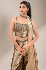 Champagne Gold Tissue Co-ord Set with Heavily Hand-Beaded Bustier and Fluid Sheer Dupatta