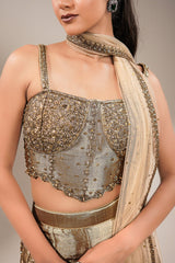 Champagne Gold Tissue Co-ord Set with Heavily Hand-Beaded Bustier and Fluid Sheer Dupatta