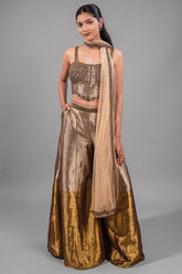 Champagne Gold Tissue Co-ord Set with Heavily Hand-Beaded Bustier and Fluid Sheer Dupatta