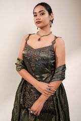 Deep Olive Green Metallic Tissue Tunic and Skirt Ensemble with Ornate Zardosi and Beadwork Bodice