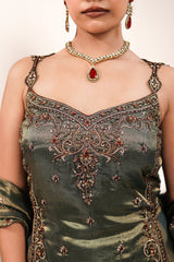 Deep Olive Green Metallic Tissue Tunic and Skirt Ensemble with Ornate Zardosi and Beadwork Bodice