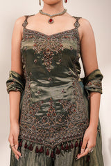 Deep Olive Green Metallic Tissue Tunic and Skirt Ensemble with Ornate Zardosi and Beadwork Bodice