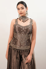 Chocolate Brown Silk Fusion Set featuring Crystal-Embellished Bodice and Sheer Net Dupatta