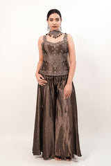 Chocolate Brown Silk Fusion Set featuring Crystal-Embellished Bodice and Sheer Net Dupatta