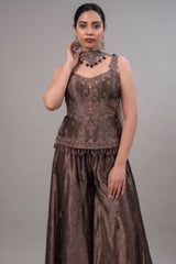Chocolate Brown Silk Fusion Set featuring Crystal-Embellished Bodice and Sheer Net Dupatta