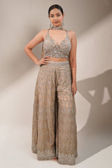 Champagne Beige Embellished Bustier with Sheer Organza Wide-Leg Pants and Sequined Border Dupatta