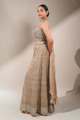 Champagne Beige Embellished Bustier with Sheer Organza Wide-Leg Pants and Sequined Border Dupatta