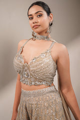 Champagne Beige Embellished Bustier with Sheer Organza Wide-Leg Pants and Sequined Border Dupatta