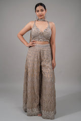 Champagne Beige Embellished Bustier with Sheer Organza Wide-Leg Pants and Sequined Border Dupatta